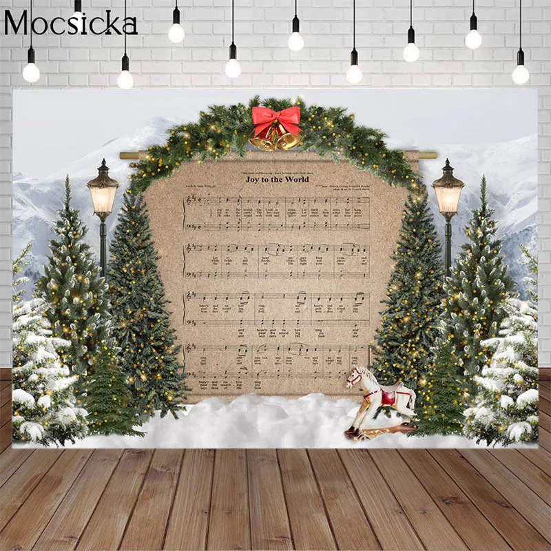 

Merry Christmas Joy To The World Sheet Music Photography Background Snow Scene Mountain Christmas Tree Backdrops Photo Studio
