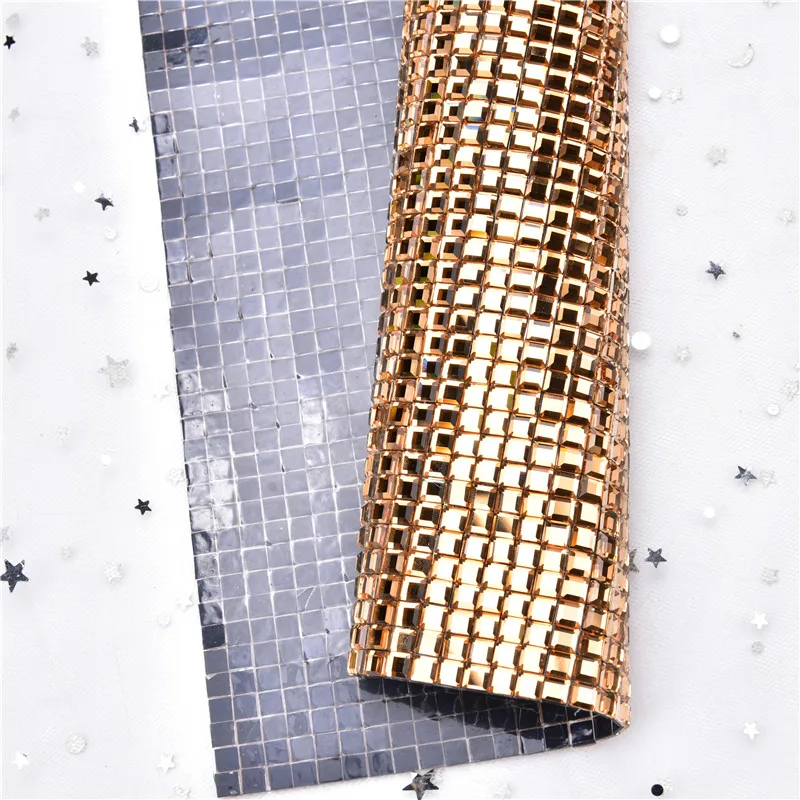24X40Cm Bling Gold Crystal Hot-Fix Glue Mesh Rhinestone 5Mm Square Self Adhesive Topaz Stone For Motif Diamond Sheet Banding