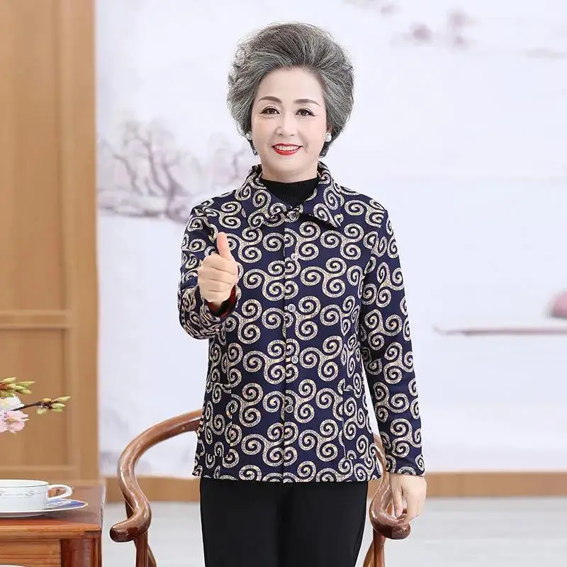 Middle-Aged Elderly Women\'s Add Fleece Coat Autumn Winter Long-Sleeved Warm Printing Cardigan Jackets Grandma Short Jacket Tops