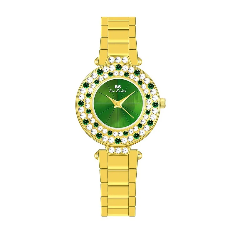 BS New Hot Selling Full Diamond Female Green Dial Crystal Quartz Watch Fashion Steel Band Gold Nightclub Watch Relogio Feminino