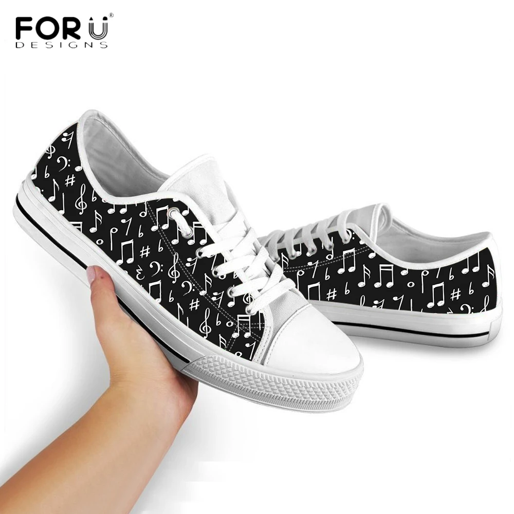 FORUDESIGNS Black White Music Notes Printed Low Top Canvas Shoes Women Sneakers Spring/Autumn Female Footwear Girl Ladies Shoes