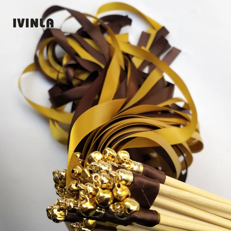 

50pcs/lot coffee & gold stain ribbon wedding ribbon sticks With gold Bells for wedding decoration
