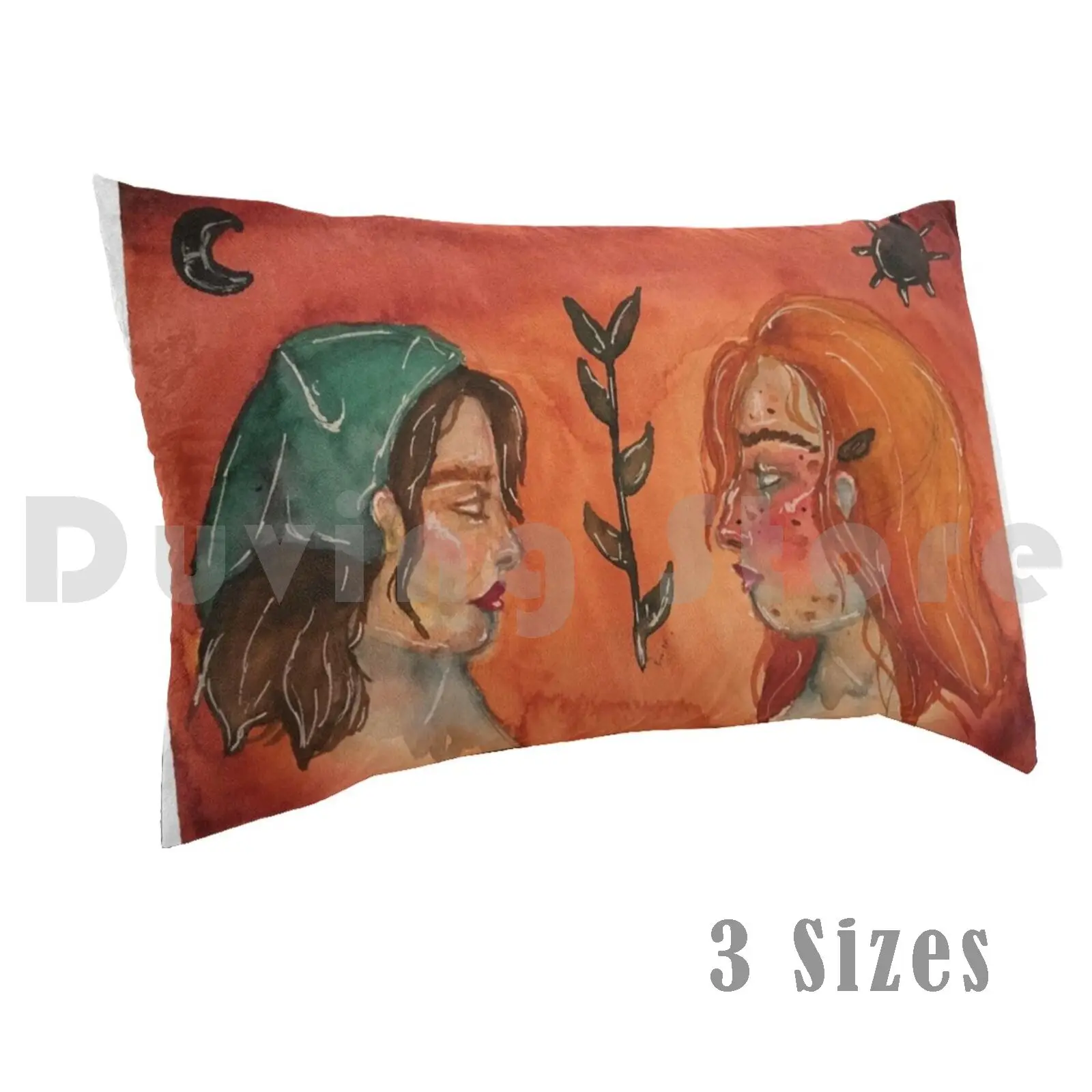 Pillow Case Sun And Moon Sisters 1581 Watercolour Magic Sun Moon Mystical Hippie Nature Orange