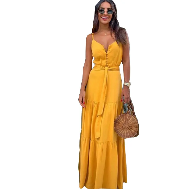 Estate Verde Tunica Maxi Vestito Con Scollo A V Robe Femme Abiti Lunghi Cintura Eleagant Ruffles Partito Della Cinghia di Spaghetti Casual Abiti Mujer