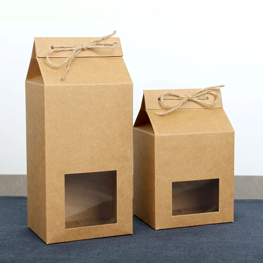 200Pcs/Lot Kraft Paper Tea packaging Box,Clear Window Box For Cake Cookie Food Storage Standing Up Paper Packing Bag