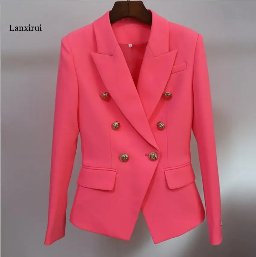 

Classic Baroque Designer Blazer Women's Metal Lion Buttons Double Breasted Textured Blazer Light Green