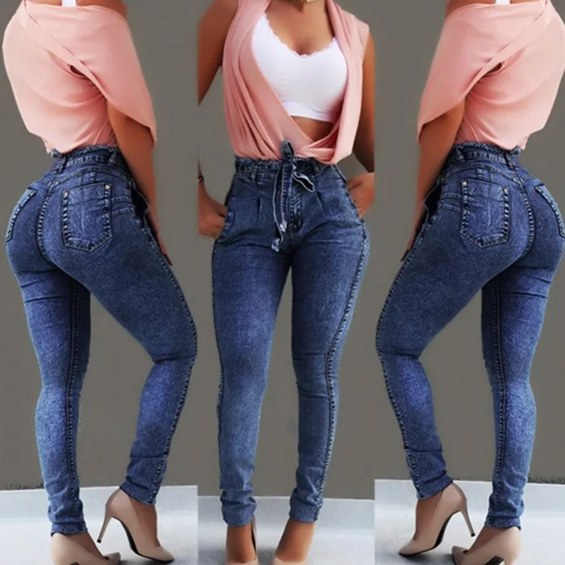 

africa pants High Waist Jeans For Women Slim Fit Stretched Denim Jeans Bodycon Tassel Belt Bandage Skinny Push Up Jeans Woman