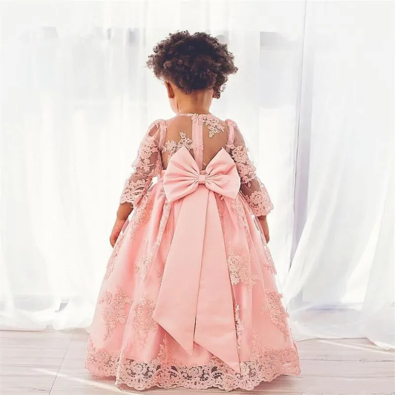 Pink Flower Girls Dresses Beautiful Holy Communion Dresses Lace Long Sleeve Beaded Puffy Ball Gown Prom Pageant Dress For Girls