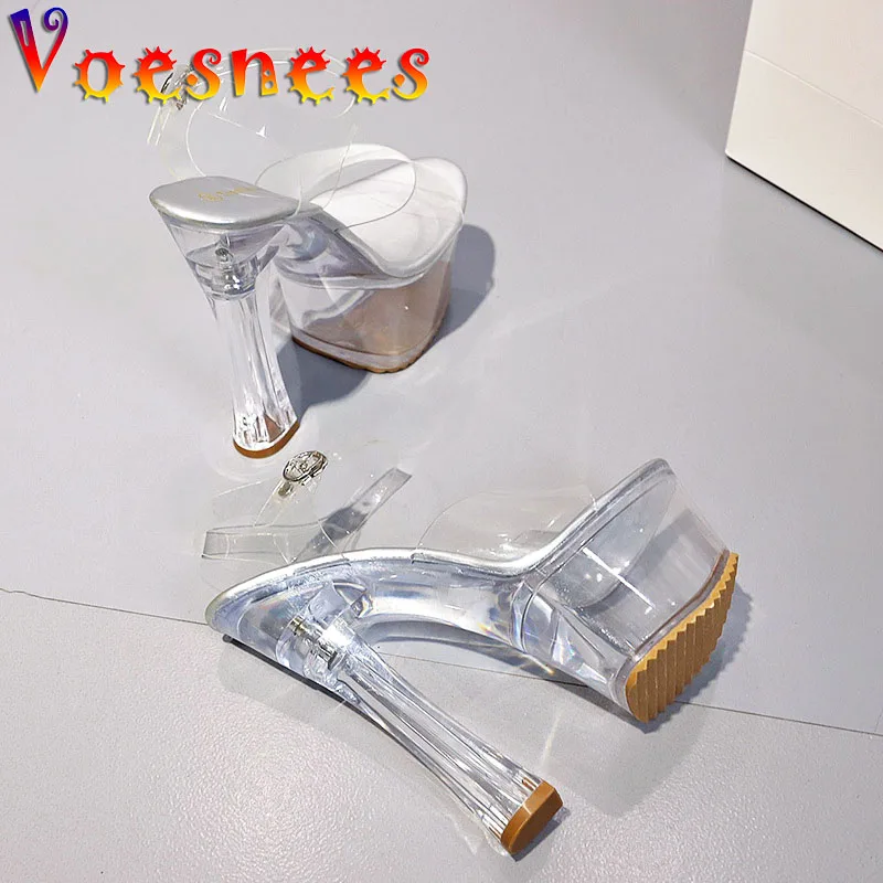 Women Shoes 2021 New PVC Jelly Thick Heels Sandals Transparent Crystal 17CM Platform Ladies High Heel Shoes Party Big Size 41