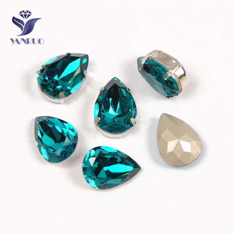 YANRUO 4320 Drop Blue Zircon K9 Crystal Top Diamond Glass Sewing Claws Applique Sew On Rhinestones Wedding Dress Decoration