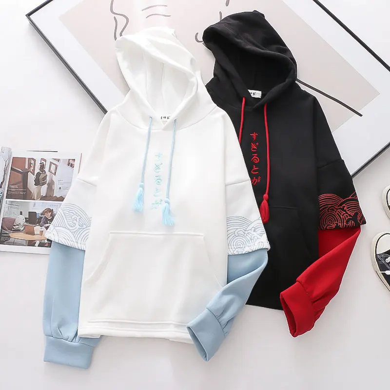 Winter Harajuku Fashion Aesthetic Hoodie Women Japan Kawaii Autumn Black Red Print Fleece Hooded Sweatshirt Thick Warm Pullover