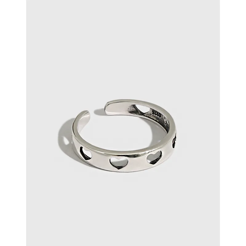 4MM Authentic S925 Sterling Silver Jewelry stacked Hollow Heart LOVE Rounded rings Adjust C-AR2231