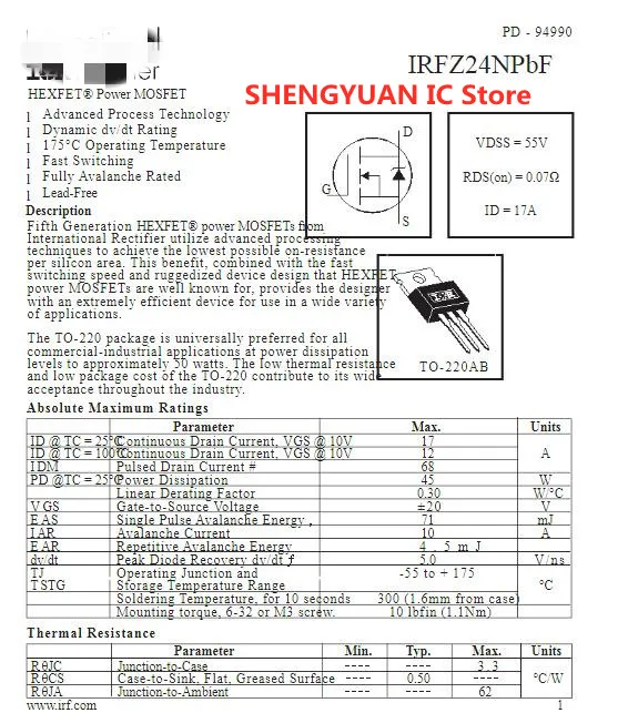 10 pcs/lot IRFZ24NPBF IRFZ24N IRFZ24 Trans MOSFET N-CH Si 55V 17A 0.07Ω 3-Pin(3+Tab) TO-220AB Tube  Original New 100% quality