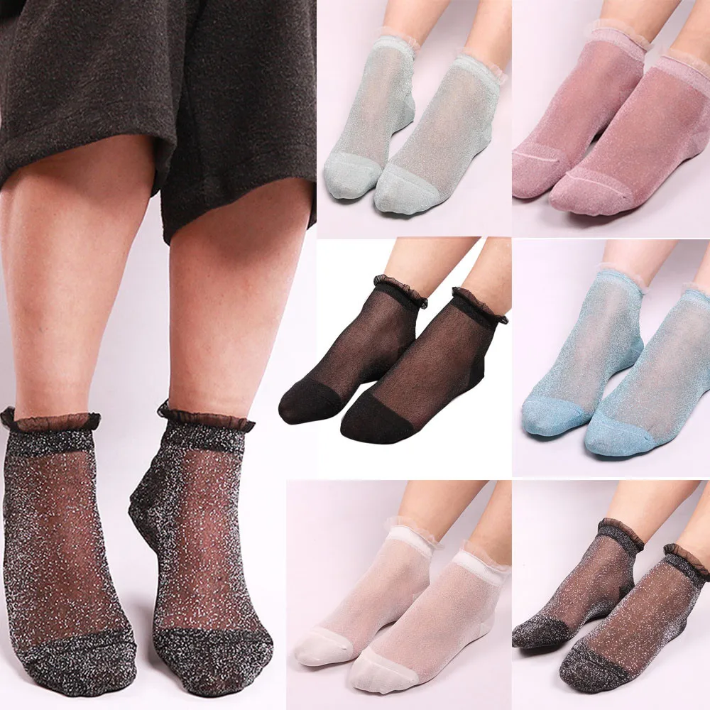 Funny Socks Sequins Summer Women Ladies Sheer Silky Glitter Transparent Short Ankle Socks Breathable Calcetines Mujer Skarpety