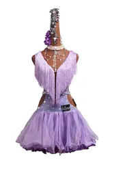 Conjunto de 7 unids/set de vestidos de competición de baile latino, vestido de baile para actuaciones, corte Vertical, vestido plisado de Perilla púrpura claro # LD261