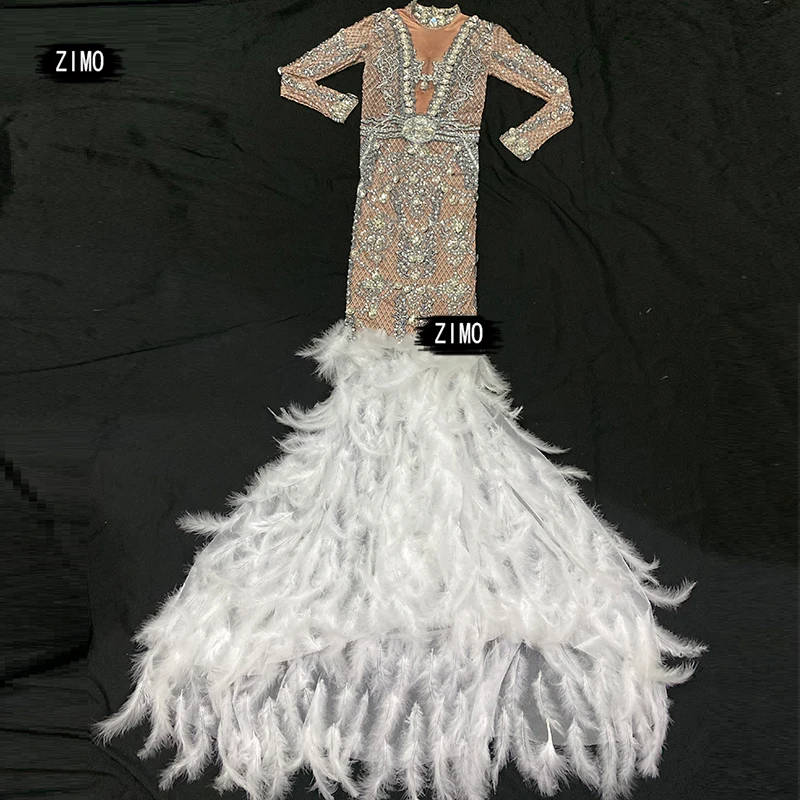 Elegancka brokatowa sukienka z kryształkami pióro seksowna wieczorowa impreza celebrytów urodziny sukienki z długim rękawem kostiumy sceniczne dla piosenkarzy