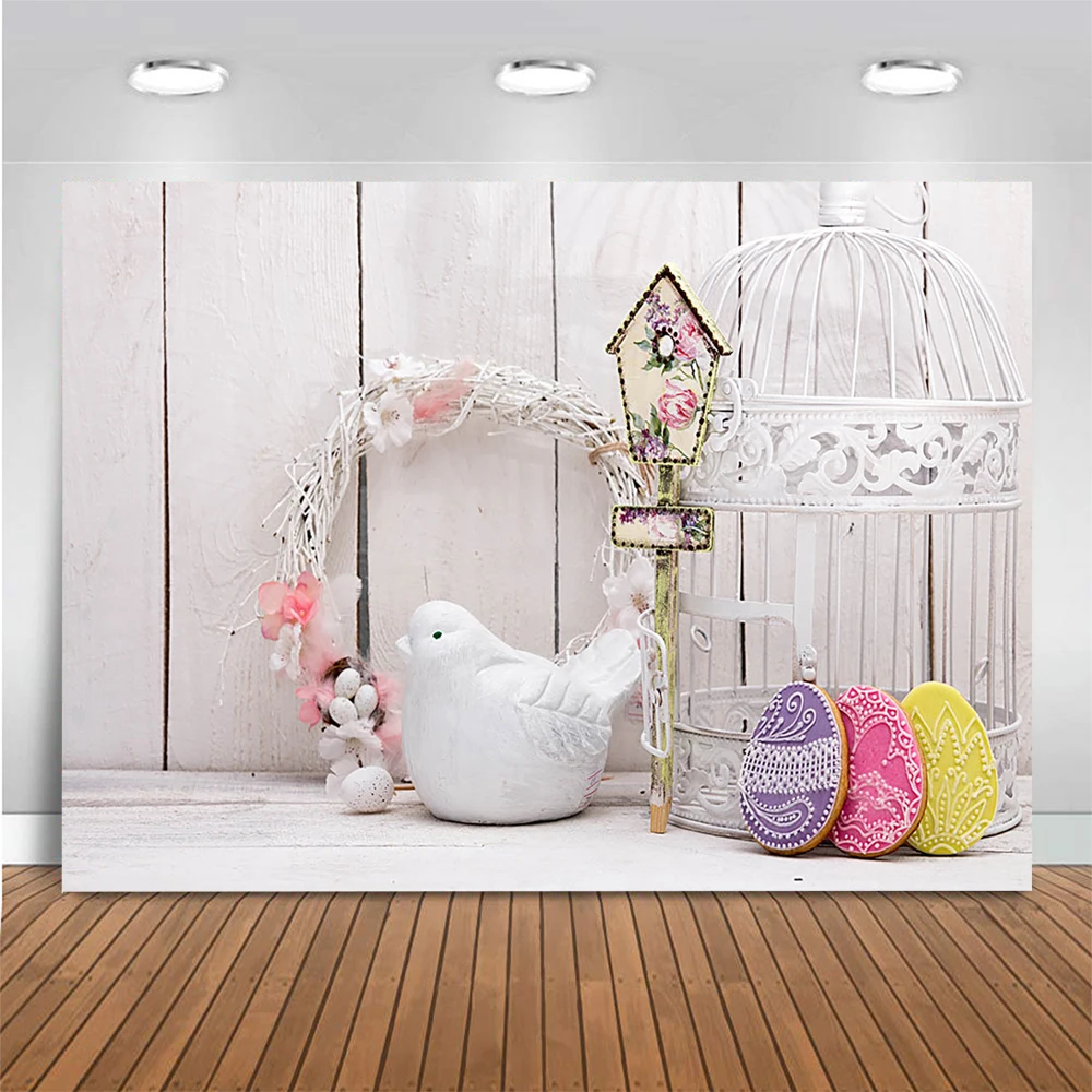 Easter Birds Backdrop Spring Portrait Photoshoot Flowers Kids Baby shower Retro Wood Door Homing Pigeon Background Birthday Prop