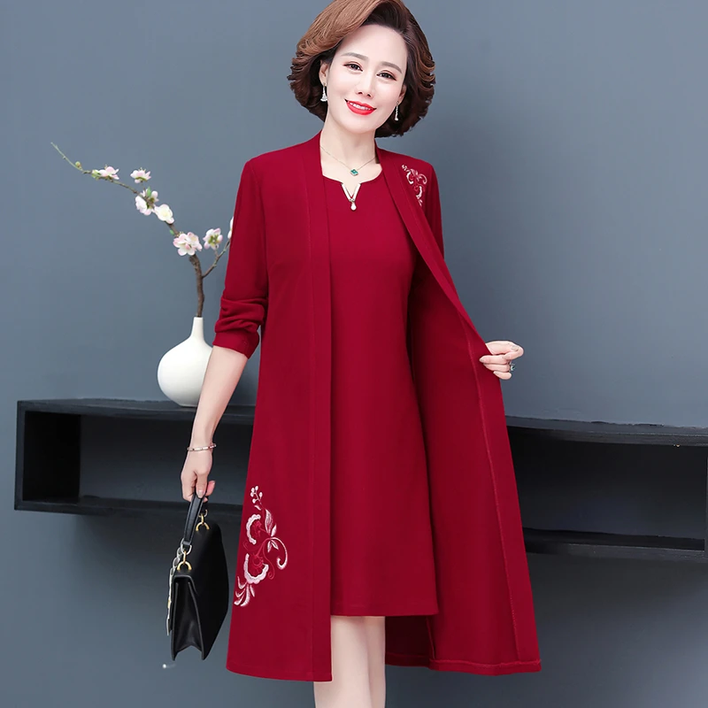 Middle-aged Female Dress Two-piece Suit Spring Autumn High-end Elegant Dress Women\'s Embroidered Dress Set 5XL