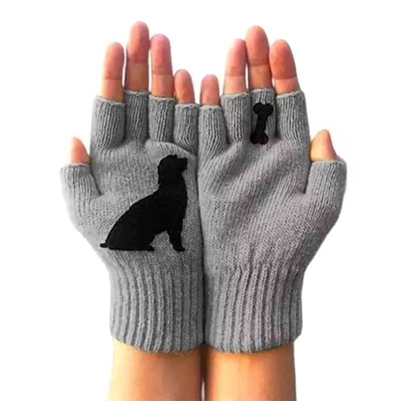 

2020 Winter Gloves For Women Newly Cute Dog Printed Gloves Women Fashion Warm Knitted Fingerless Gloves Guantes Invierno