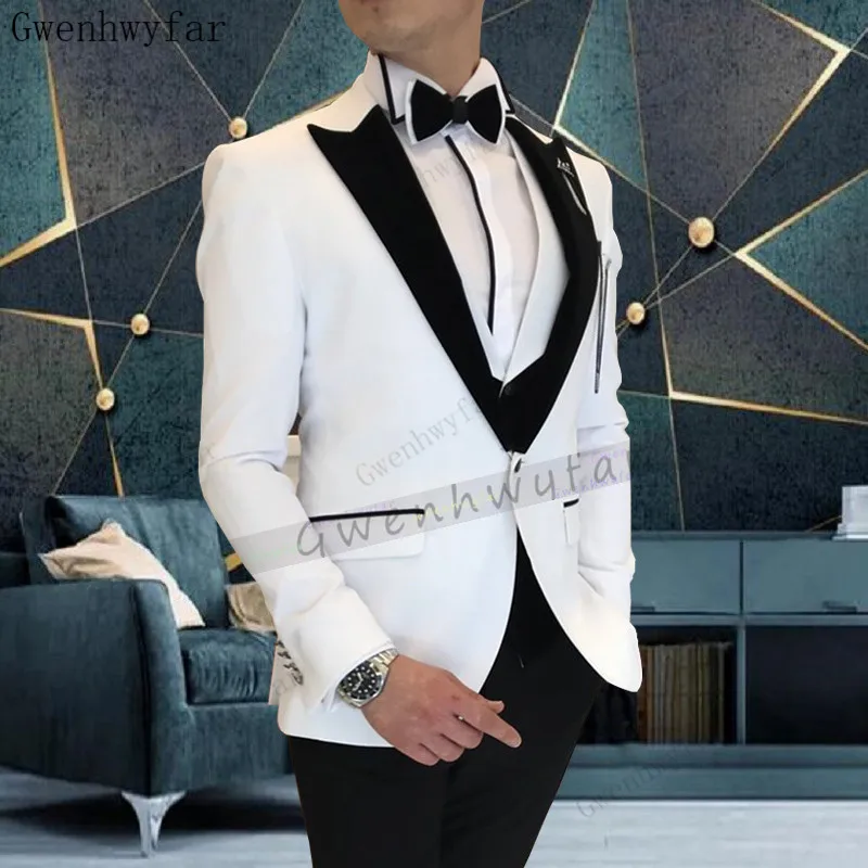 Gwenhwyfar 2023 Best Sell Navy Blue Suits Peaked Lapel Custom Made Wedding Tuxedos Slim Fit Male Suits (Jacket + Vest+Pants)