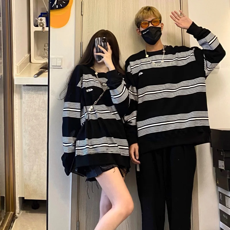 HOUZHOU Striped Long Sleeve Sweatshirt Women 2021 Autumn Oversized Thin Hoodie Casual Korean Fashion Couples Clothes Streetwear