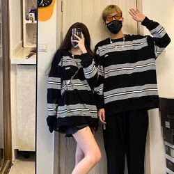 Houzhou listrado manga comprida moletom feminino 2021 outono oversized fino hoodie casual coreano moda casais roupas streetwear