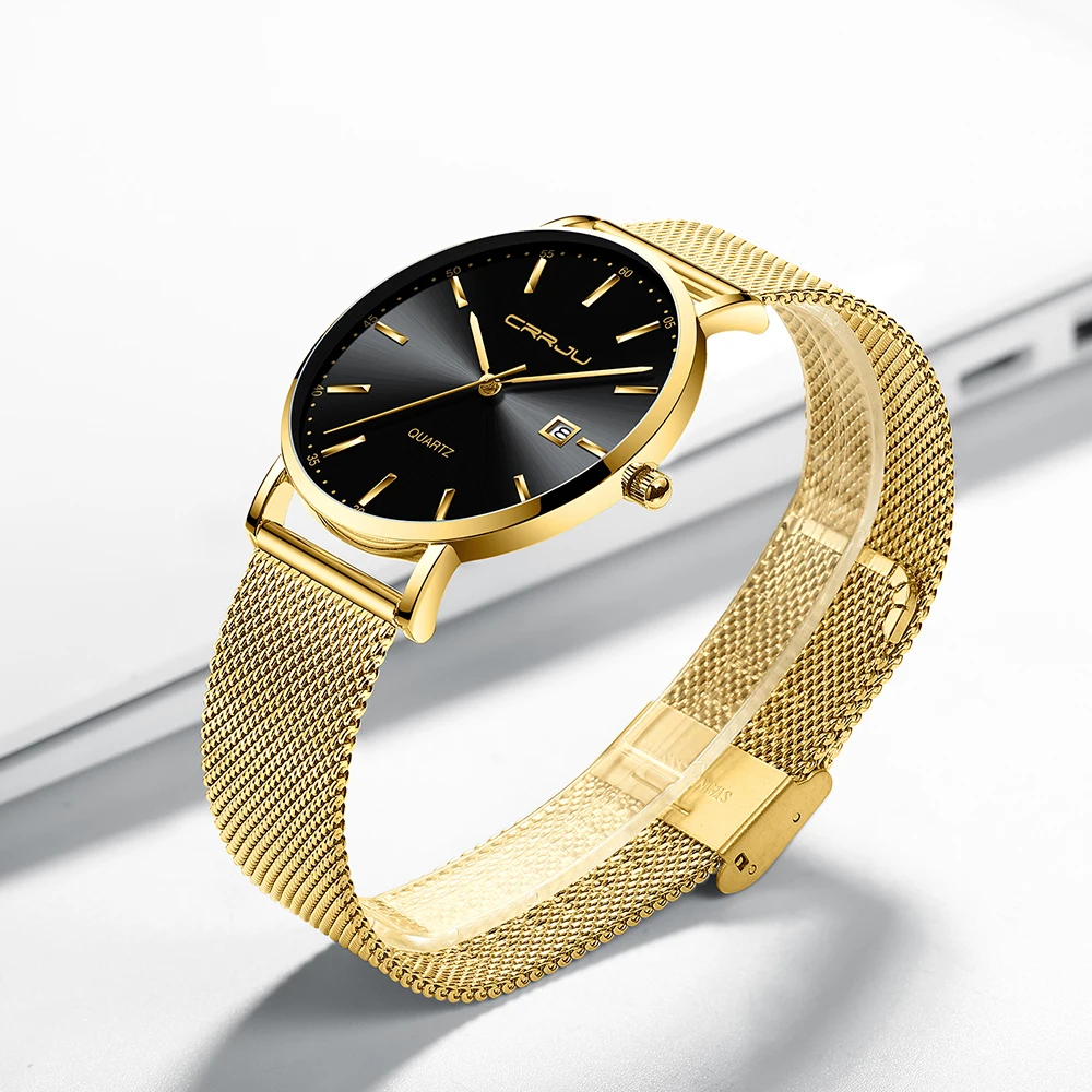CRRJU Classic Business Men Watch Fashion Simple Ultra thin Waterproof Steel Date Display Quartz Wristwatch relogio feminino