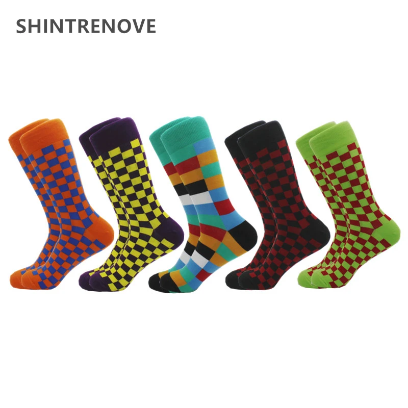 

5 Pairs/Lot Funny Men Combed Cotton Socks Colorful Happy Casual Dress Fashion Sock Classic Plaid Hip Hop Trend Compression Socks