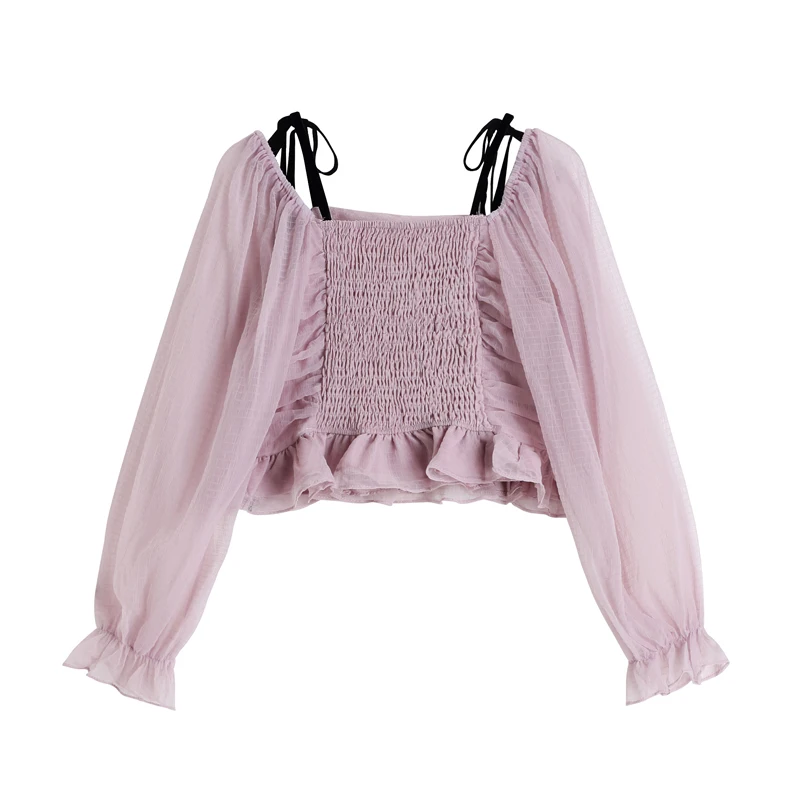 2022 Summer Off Shoulder Pleated Mesh Shirt Women French Sweet Vintage Square Collar Long Sleeve Ladies Chiffon Blusas Tops