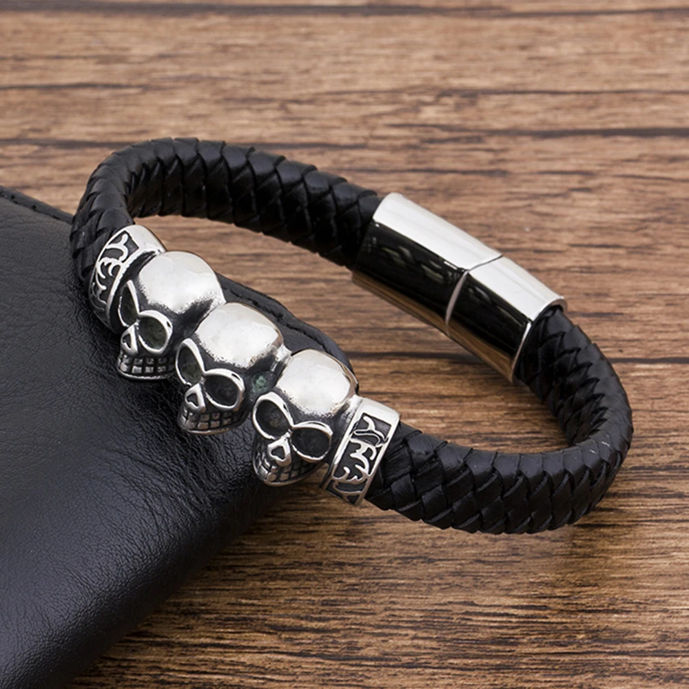 TYO Trendy Woven Rope Magnetic Braided Bone Steel Punk Metal Brand Fashion Wholesale Genuine Leather Men Bracelet Skull