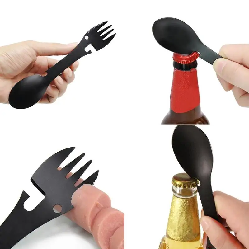 Portable cutlery spoon flatware multitool can opener bottle Spork camp fork stainless steel tableware multi tool Picnic utensil