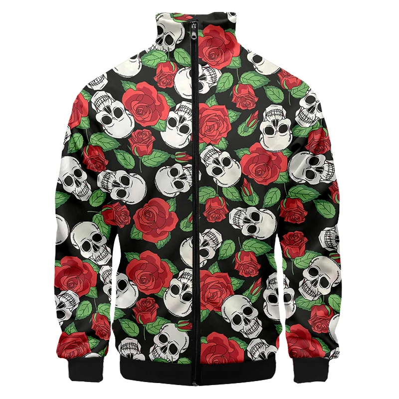 Men's Winter Rose flower skull Stand-up collar jacket Sweatshirt Outwear Casual Coat Jacket Plain Zip Up Casual Coat Tops Black