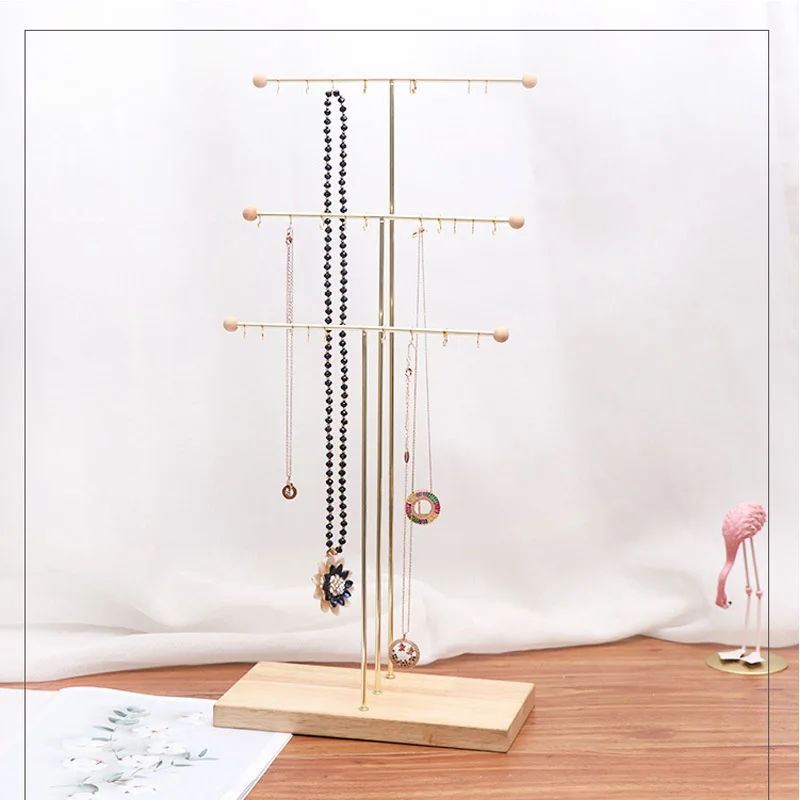 

Gold Metal 3-Tier Tabletop 30/10 Hooks Bracelets Necklaces Jewelry Stad Necklace Organizer Display Jewelry Holder New Walnut