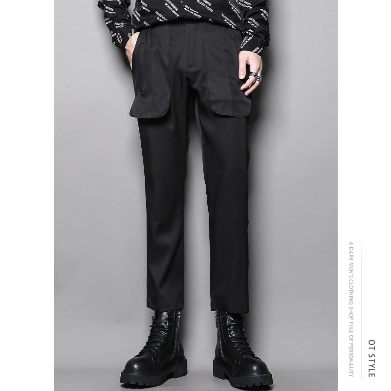 

Men's Straight Casual Pants Fark Fepartment Fesign Sense Hairdresser Stitched Pockets Slim Fit Nine Legged Suit Pants