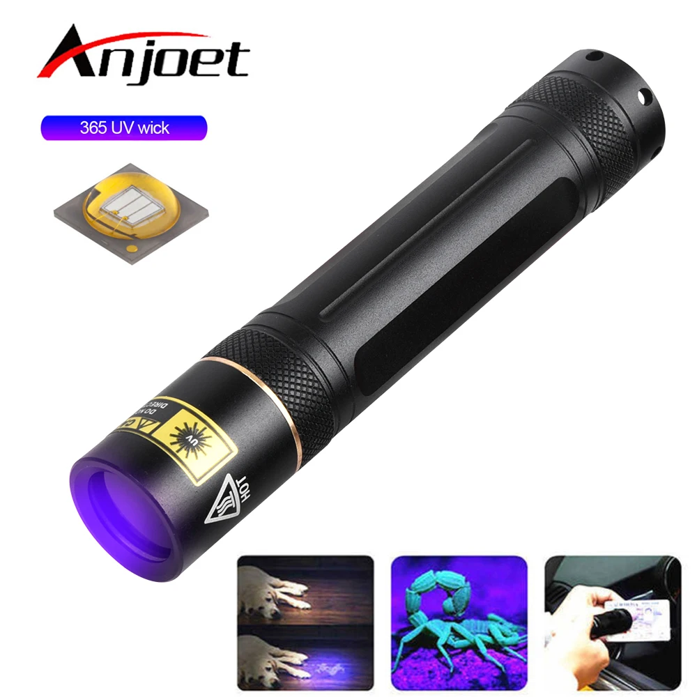 Anjoet UV Flashlight LED 365nm Ultra Violet Ultraviolet Invisible Torch for Pets Stain Hunting Marker Use 18650 battery