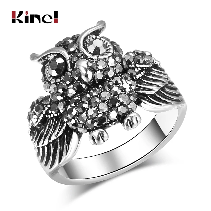 Kinel Hot Owl Ring For Women Antique Tibetan Silver Mosaic Bright Black Crystal Party Ring Vintage Jewelry Drop Shipping