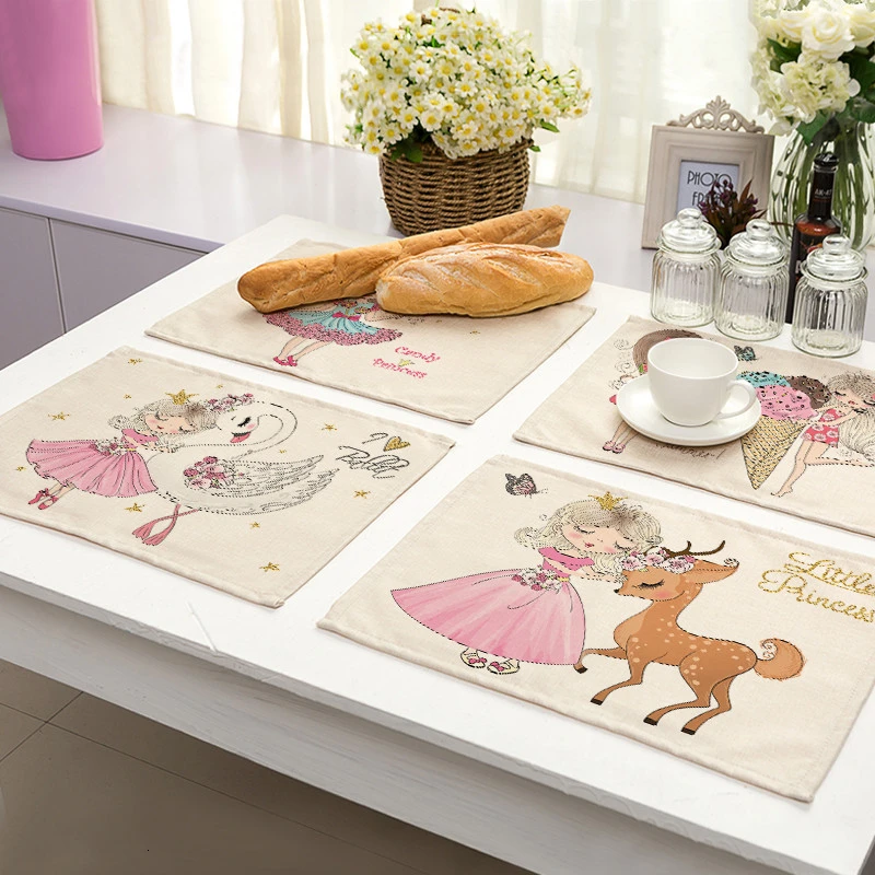 1Pcs Cute Girl Cotton Linen Pad Pattern Kitchen Placemat Kawaii Coaster Bowl Cup Mat Dining Table Mats 42*32cm Home Decor PM0044