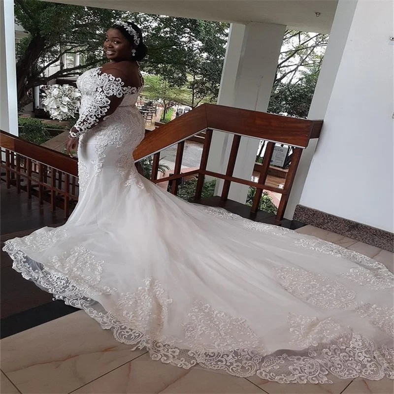 Real Image Luxury Mermaid Wedding Dresses Crystal Appliqued Lace Beads Bridal Gowns Arabic African Custom Made Robe De Mariée