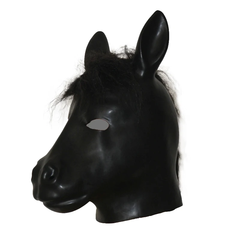 Latex Horse Hood Mask Adult Fetish Bondage Hood Rubber Horse Masks with Hairs with Zipper Closure