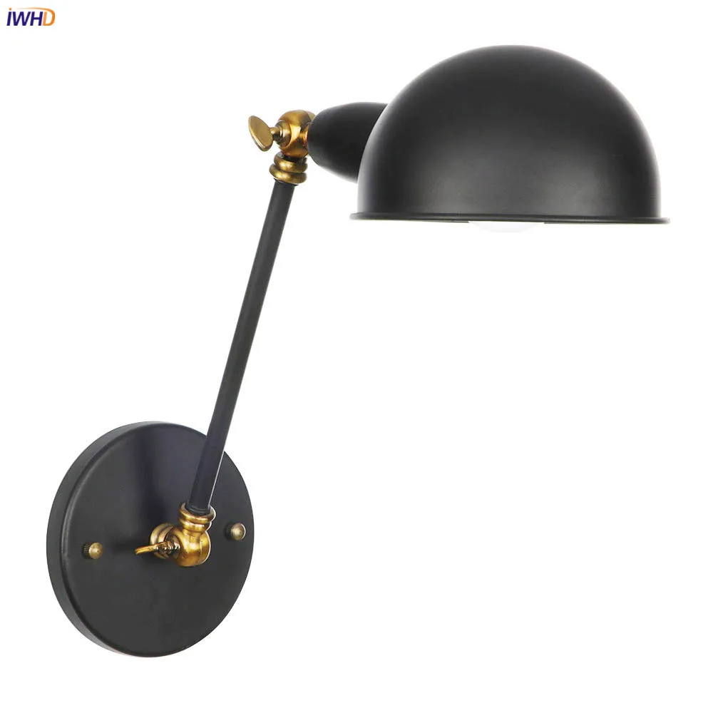 IWHD Single Swing Long Arm Wall Light Bedroom Cafe Stair Black Retro Loft Industrial Vintage Wall Lamp LED Applique Murale