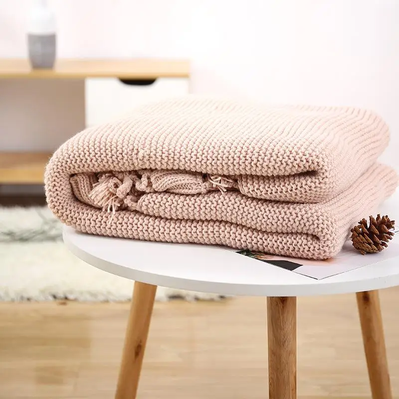 40American-Style Handmade Knitted Thread Blanket Sofa Plaid Throw Knitting Hollow Out Tassels Blanket Solid Color Shawl