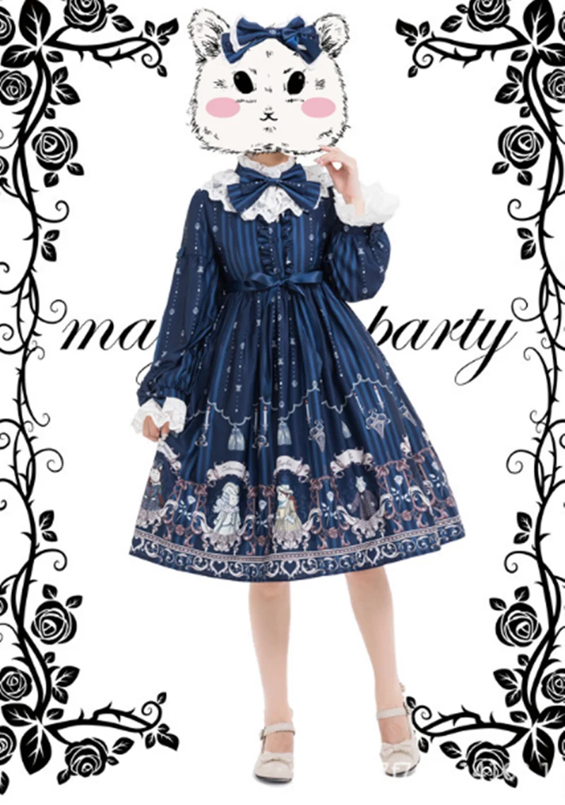 Japanese sweet lolita dress vintage stand puff sleeve high waist cute printing victorian dress kawaii girl gothic lolita op loli