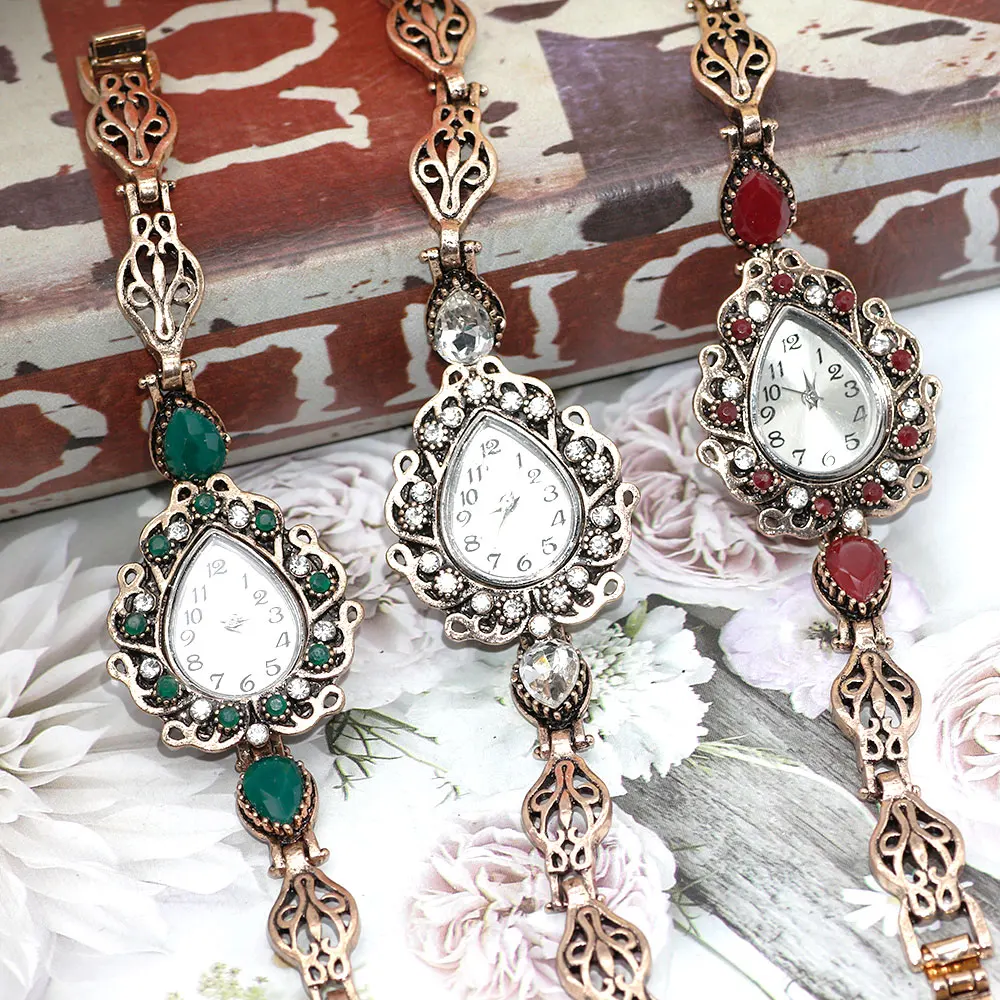 Sunspicems Vintage Turkish Green Resin Charm Bracelets Watch For Women Spring Flower Jewelry Quartz Watch Antique Bronze Color