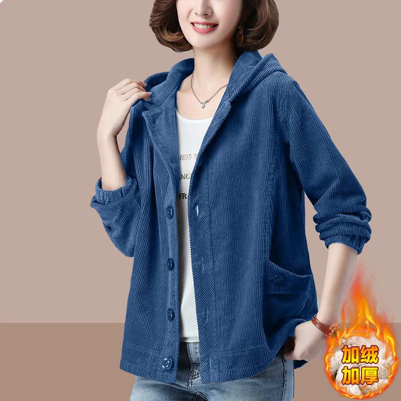 

Plus velvet corduroy jacket women's autumn 2024new Korean style simple loose slim jacket women L15