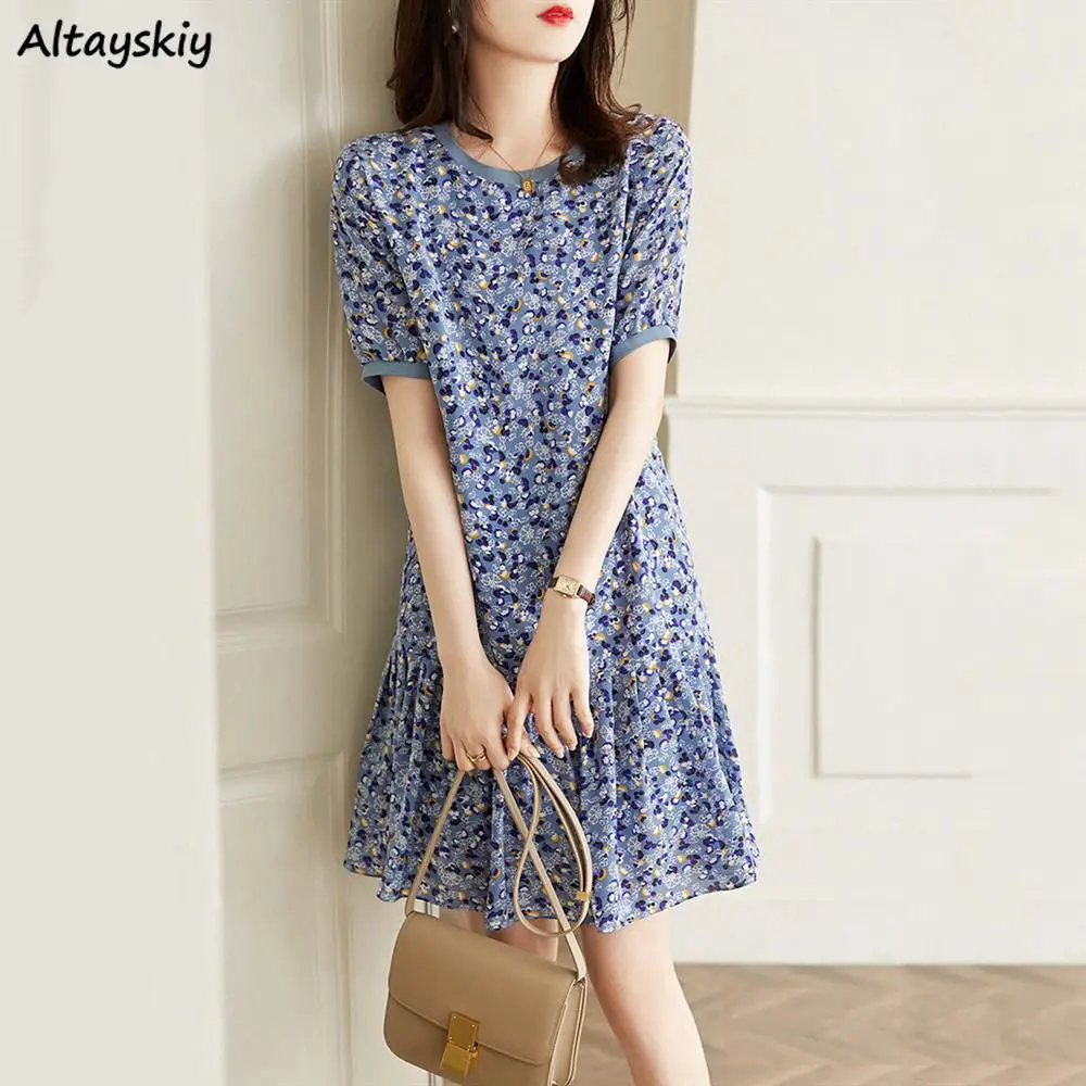 Pleated Dresses Women Summer New Floral All-match Retro Classic Fashion Vestido Mujer Elegant Female Casual Streetwear Clothes