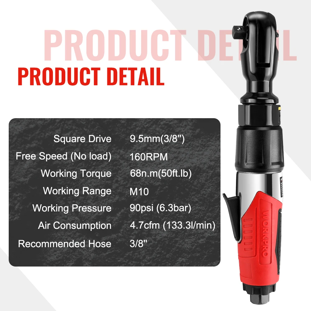WORKPRO Air Ratchet Wrench 3/8-Inch Pneumatic Ratchet Wrench 68N.m Max Torque Output 360 Degree Adjustable Exhaust
