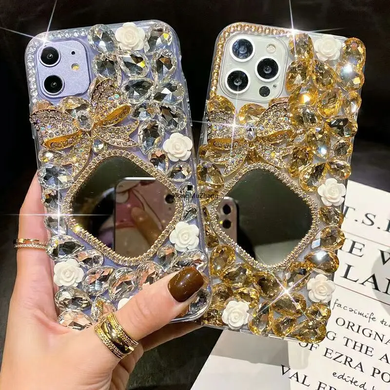 Luxury Bowknot Diamond Rhinestone Phone Case Make-up Mirror Cover for Samsung M22 M32 M42 M52 M62 F52 F62 M11 M12 M31 M51 M01