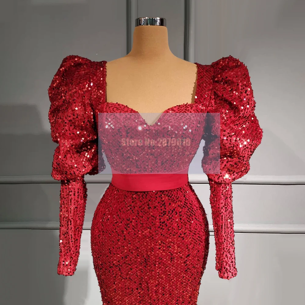 Robe de soirée sirène rouge scintillante, en paillettes, longueur au sol, manches longues, robe de bal, robe de spectacle, dubaï, 2020