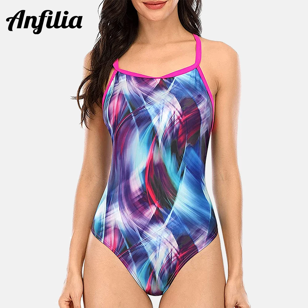 Anfilia Women's One Piece Swimsuits Water Aerobics Athletic Swimwear Shelf Padding Bating Suits