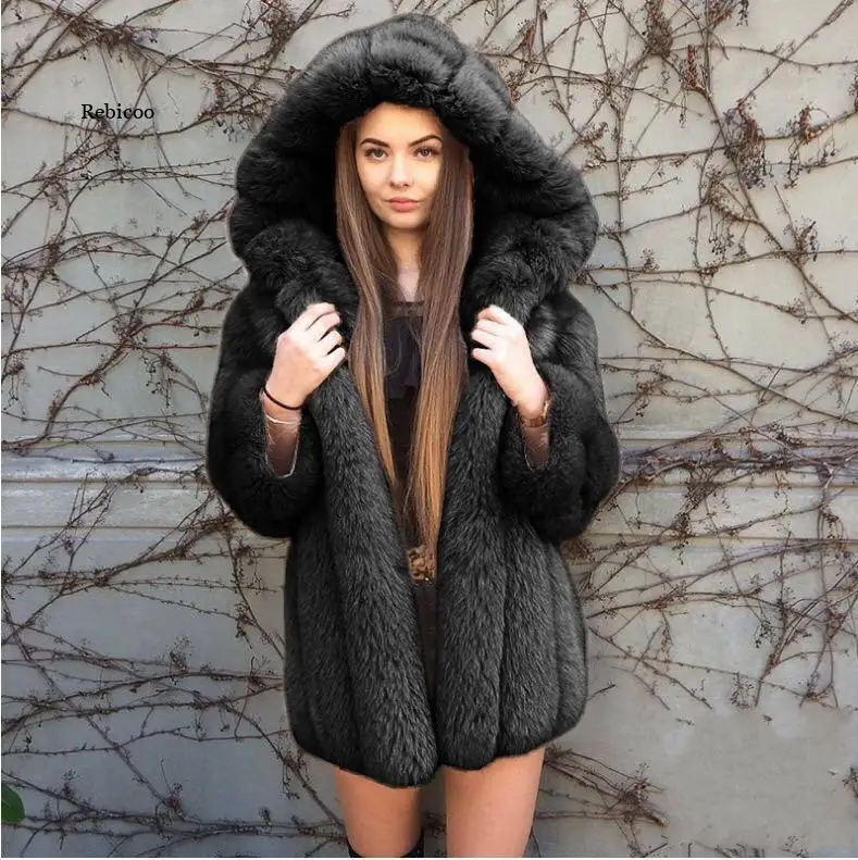 Fluffy Hooded Faux Fur Coat Women Winter Coats New Thick Warm Long Sleeve Fur Jacket Winter Women Fur Coats